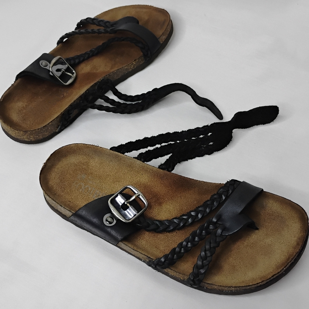 Women's 7.5 White Mountain Hayleigh Strappy Black Braided Leather Buckle Sandals - Picture 13 of 15